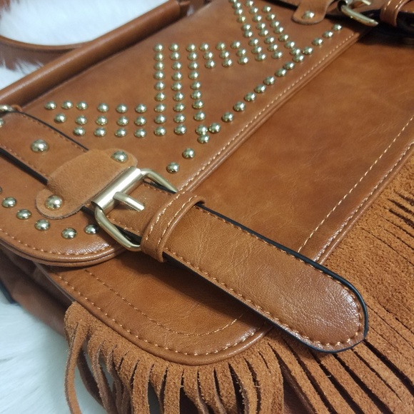 Brown faux leather fringe crossbody purse handbag - Picture 2 of 7